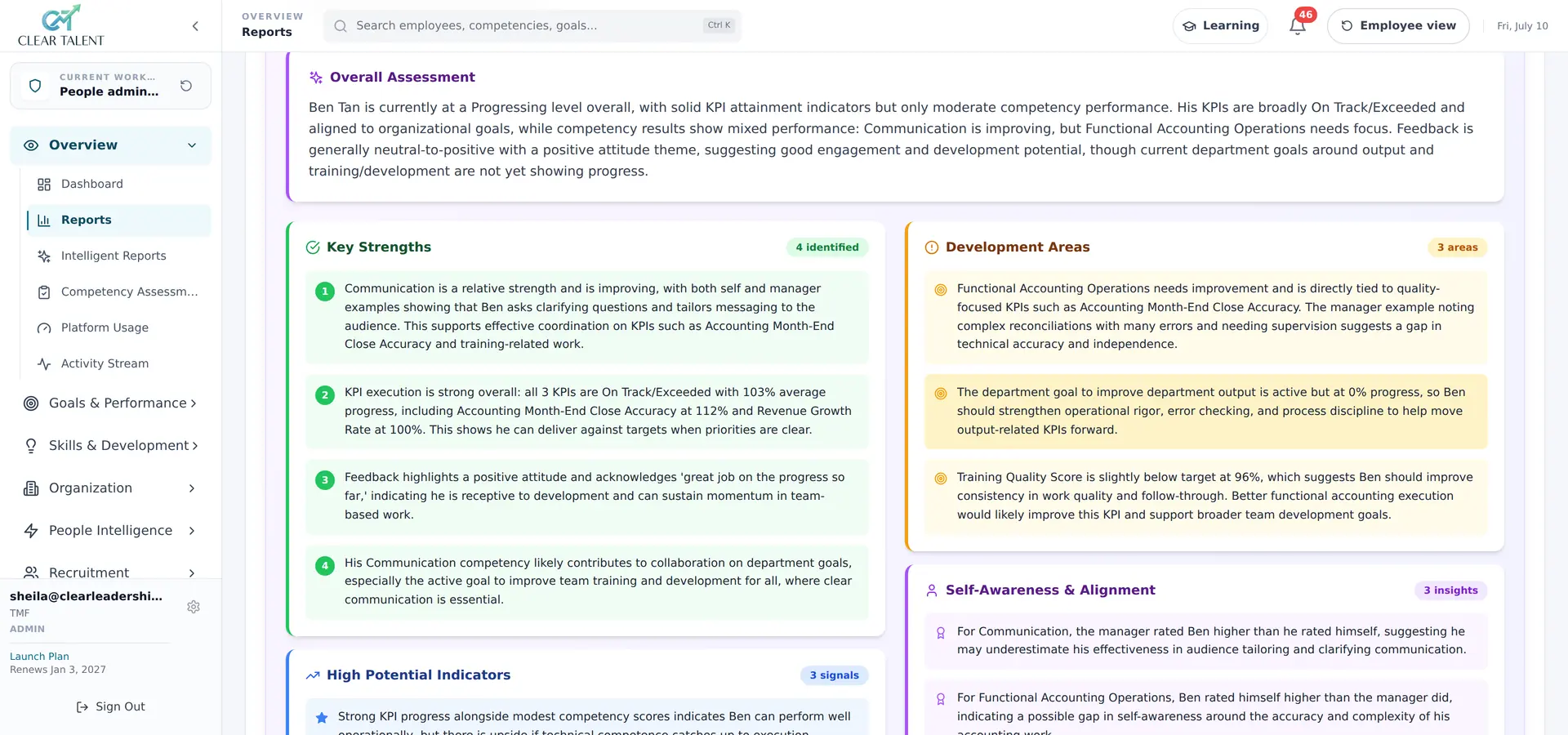 AI performance summary report with strengths and development areas